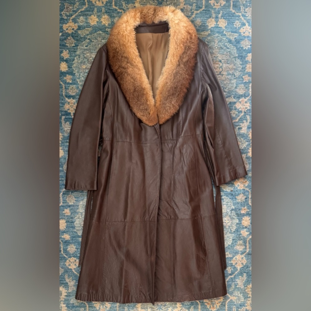Brown Leather Coat with Fur Collar